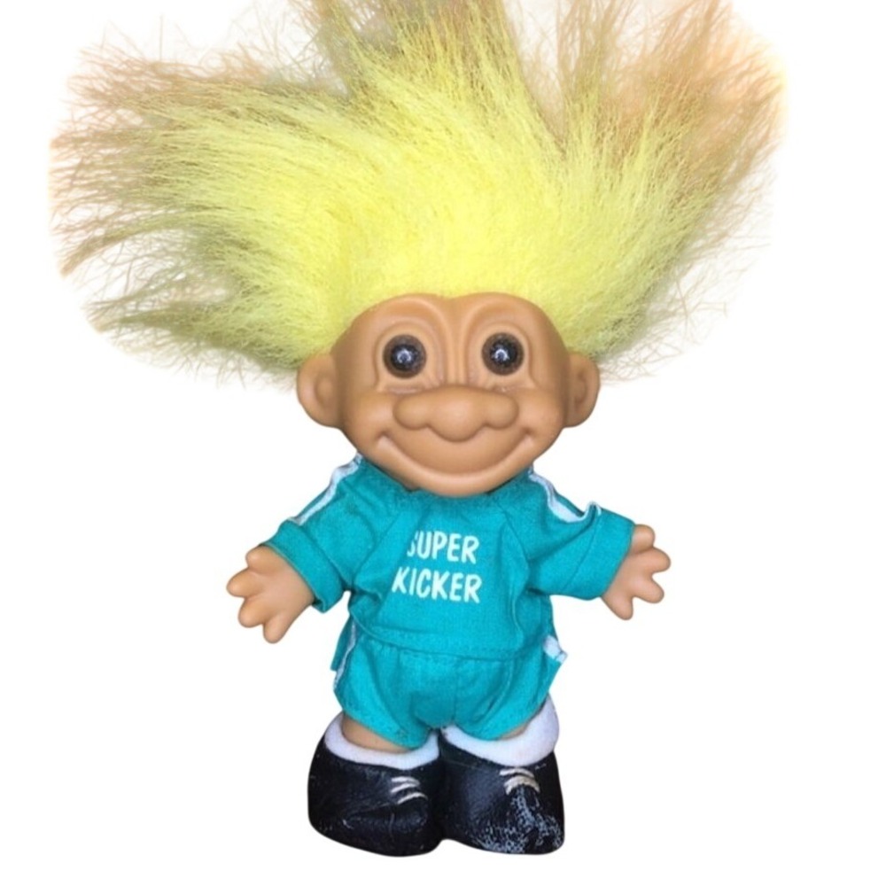 Vintage‎ Russ Berrie Soccer Troll Doll Yellow Hair Super Kicker 5 Inch Retro Toy